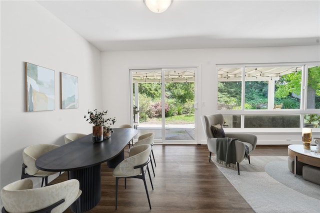 dining space with dark wood-style flooring