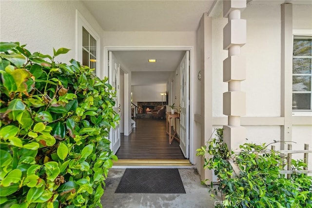 property entrance with stucco siding