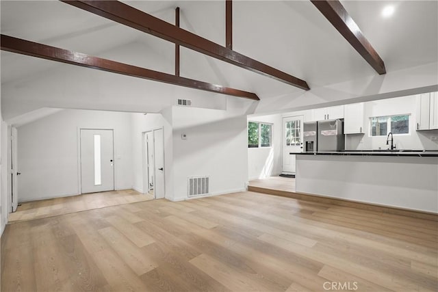 23817 Crest Forest Dr, Crestline, CA 92325 - unfurnished living room featuring a sink, light wood-style floors, lofted ceiling with beams, and visible vents