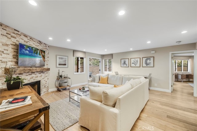 247 Calliope St, Laguna Beach, CA 92651 - living area with light wood-style floors, a fireplace, recessed lighting, and baseboards