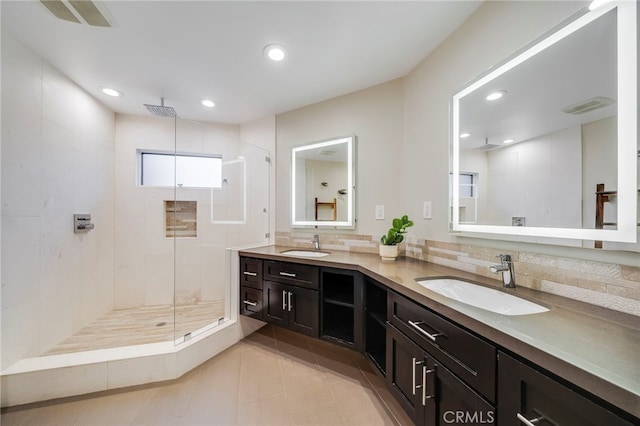 247 Calliope St, Laguna Beach, CA 92651 - full bathroom featuring double vanity, a stall shower, tile patterned floors, and recessed lighting