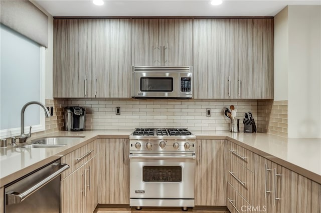 247 Calliope St, Laguna Beach, CA 92651 - kitchen featuring appliances with stainless steel finishes, a sink, light brown cabinetry, light countertops, and decorative backsplash