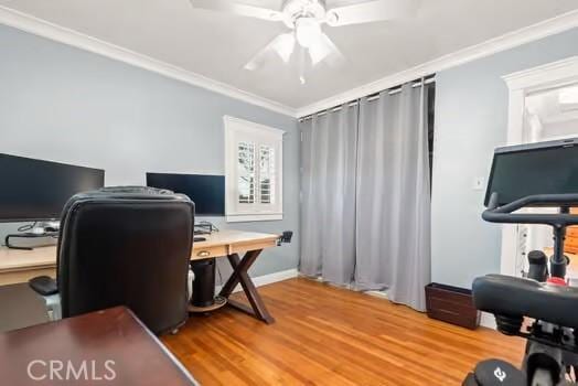 office featuring crown molding, ceiling fan, and wood finished floors
