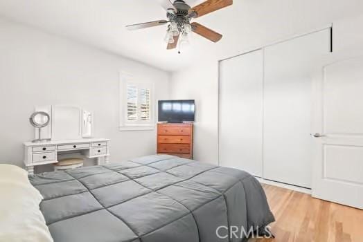 bedroom with a closet, wood finished floors, and a ceiling fan