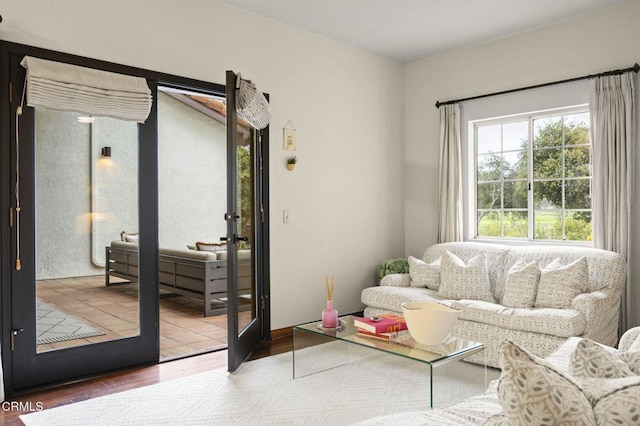living area featuring french doors and wood finished floors