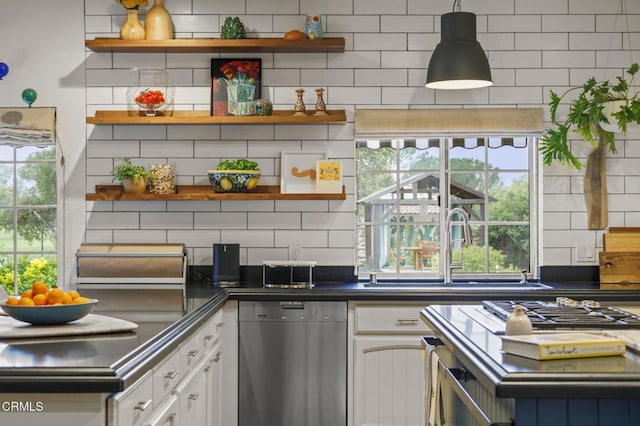 kitchen with dishwasher, tasteful backsplash, and open shelves