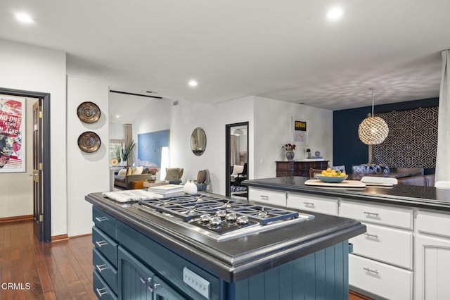 127 Fairway Ln, Ojai, CA 93023 - kitchen with stainless steel gas cooktop, recessed lighting, open floor plan, white cabinets, and dark countertops