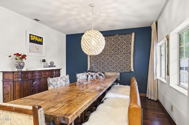 127 Fairway Ln, Ojai, CA 93023 - dining space with baseboards, a chandelier, visible vents, and wood finished floors
