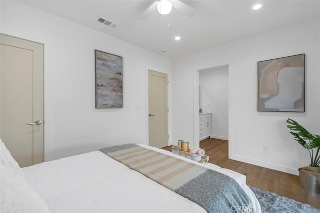 433 N Buena Vista St, Burbank, CA 91505 - bedroom with wood finished floors, baseboards, recessed lighting, and a ceiling fan