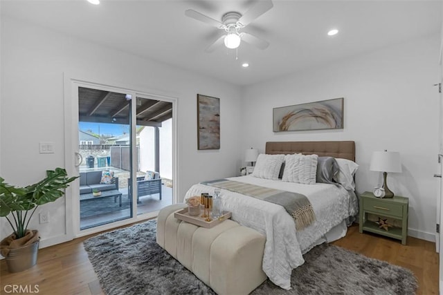 433 N Buena Vista St, Burbank, CA 91505 - bedroom featuring access to outside, wood finished floors, baseboards, recessed lighting, and a ceiling fan