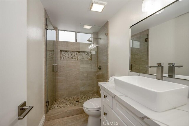 bathroom with toilet, vanity, and a stall shower