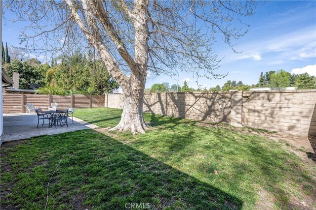 view of yard with a fenced backyard and a patio