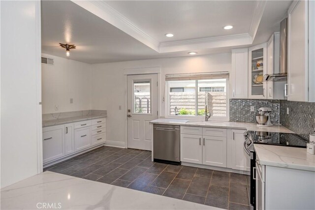 kitchen featuring decorative backsplash, stainless steel appliances, white cabinetry, a sink, and a tray ceiling