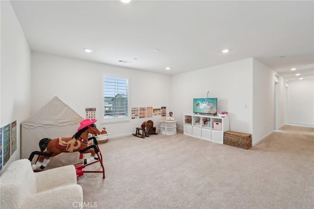 game room featuring baseboards, recessed lighting, and carpet flooring