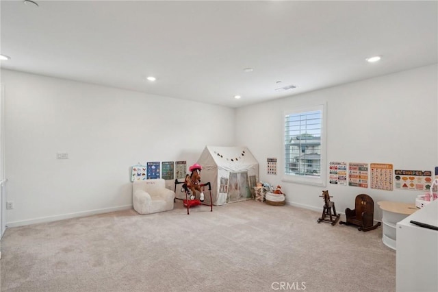playroom featuring baseboards, carpet floors, visible vents, and recessed lighting