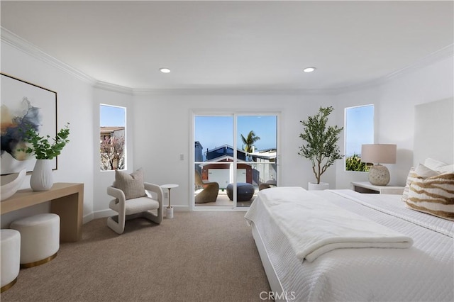 bedroom with carpet, crown molding, access to exterior, and recessed lighting