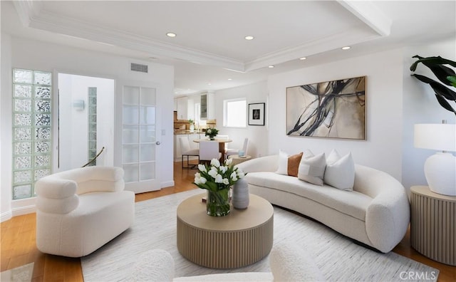 living area featuring light wood finished floors, ornamental molding, and a raised ceiling