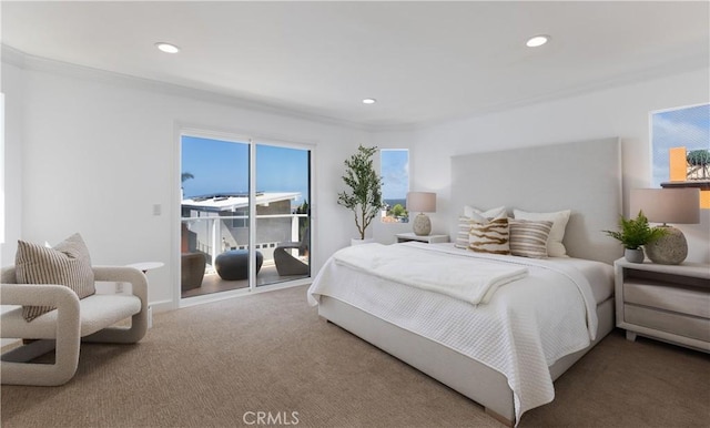bedroom featuring crown molding, access to outside, recessed lighting, and carpet