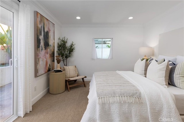 bedroom featuring baseboards, recessed lighting, crown molding, and light colored carpet