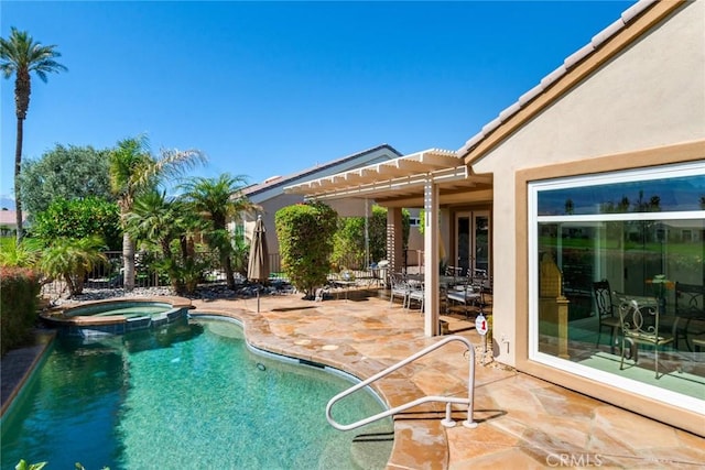 view of swimming pool featuring a patio, french doors, a pool with connected hot tub, and a pergola