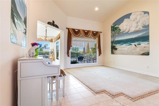 interior space featuring tile patterned floors, a notable chandelier, baseboards, and carpet flooring
