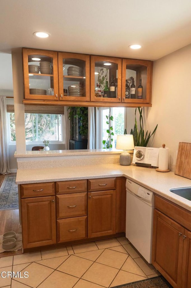 kitchen with light countertops, brown cabinets, and dishwasher