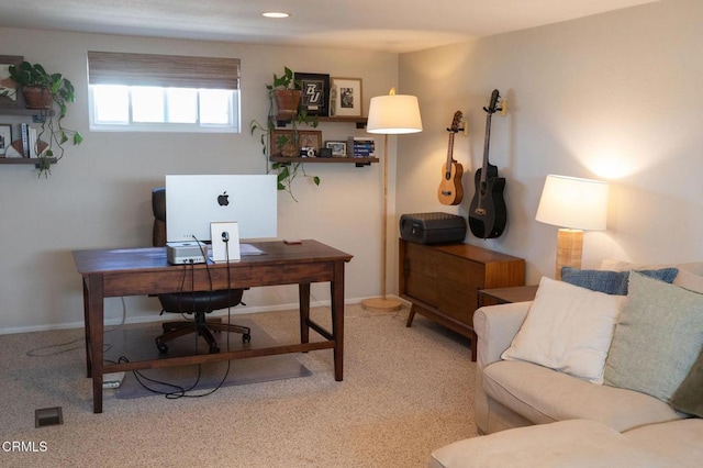 home office featuring baseboards, recessed lighting, and light colored carpet