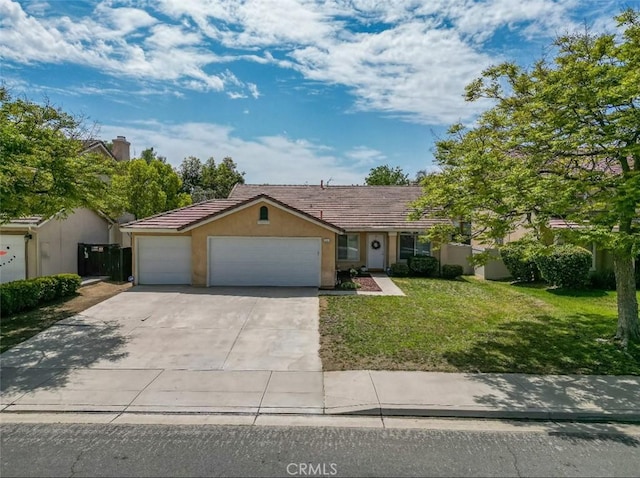 single story home featuring a tiled roof, a front yard, concrete driveway, an attached garage, and stucco siding