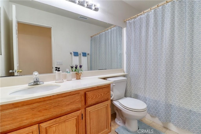 831 Kilmarnock Way, Riverside, CA 92508 - bathroom with toilet, vanity, visible vents, tile patterned floors, and a shower with shower curtain