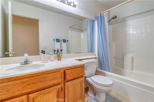 831 Kilmarnock Way, Riverside, CA 92508 - bathroom with toilet, shower / tub combo, tile patterned floors, visible vents, and vanity