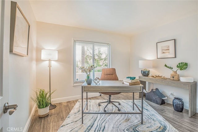 office featuring baseboards and wood finished floors