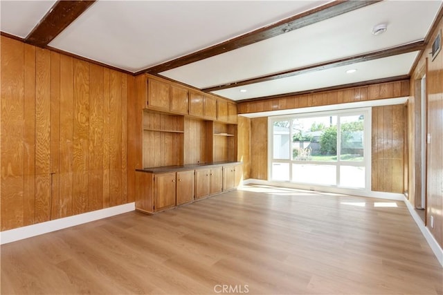 781 E Navilla Pl, Covina, CA 91723 - unfurnished living room with wood walls, beam ceiling, and light wood-style floors
