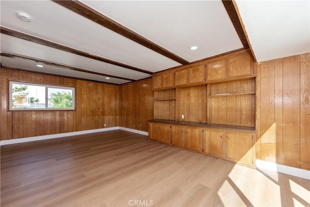 781 E Navilla Pl, Covina, CA 91723 - unfurnished room featuring wood walls, light wood-style flooring, and beamed ceiling