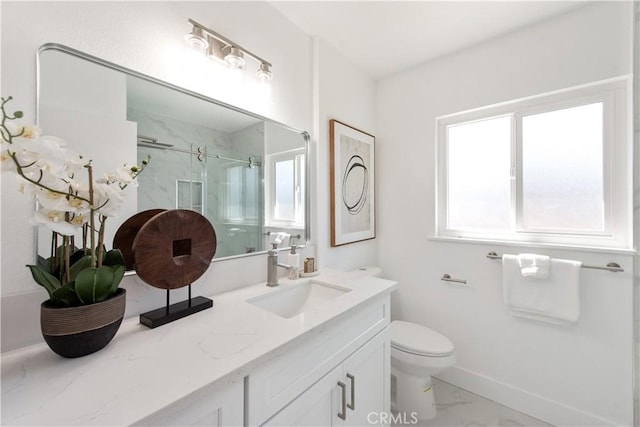 781 E Navilla Pl, Covina, CA 91723 - full bathroom with vanity, toilet, marble finish floor, a marble finish shower, and baseboards
