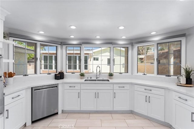 17841 Buena Vista Ave, Yorba Linda, CA 92886 - kitchen with dishwasher, white cabinets, light countertops, light tile patterned flooring, and recessed lighting