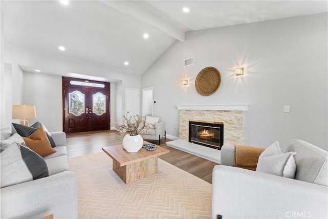 17841 Buena Vista Ave, Yorba Linda, CA 92886 - living area featuring beam ceiling, wood finished floors, a fireplace, recessed lighting, and high vaulted ceiling