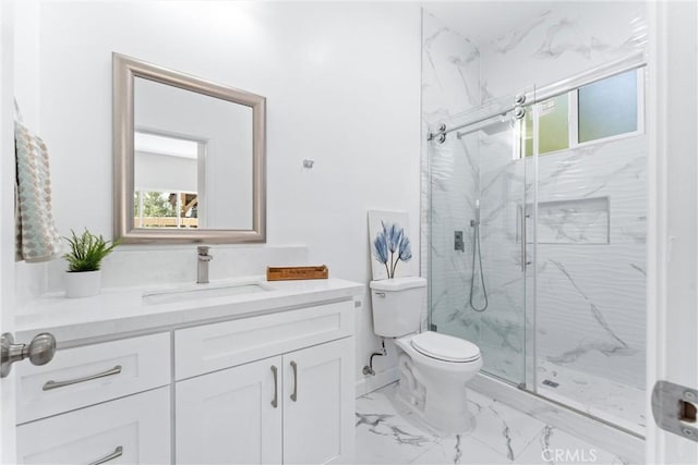 17841 Buena Vista Ave, Yorba Linda, CA 92886 - bathroom featuring marble finish floor, toilet, vanity, and a marble finish shower