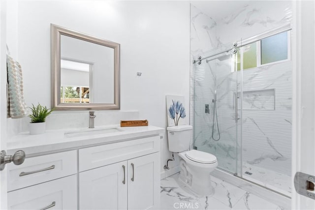 17841 Buena Vista Ave, Yorba Linda, CA 92886 - full bathroom with vanity, a marble finish shower, and marble look tile flooring