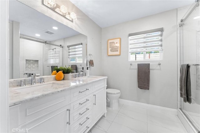 17841 Buena Vista Ave, Yorba Linda, CA 92886 - bathroom with marble look tiles, double vanity, a stall shower, and recessed lighting