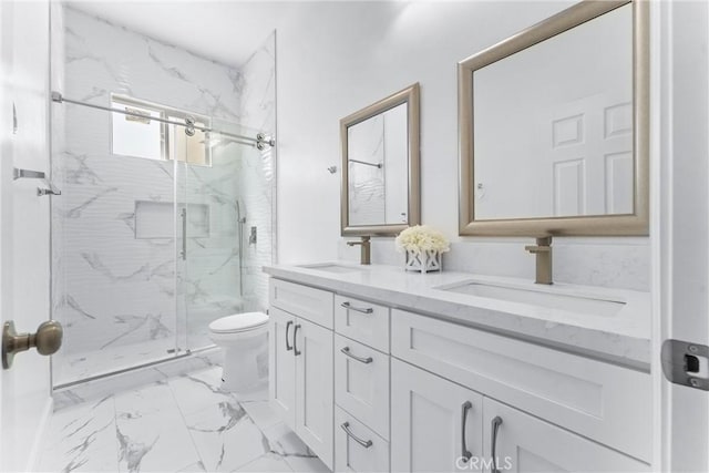 17841 Buena Vista Ave, Yorba Linda, CA 92886 - full bath featuring marble finish floors, a marble finish shower, and double vanity
