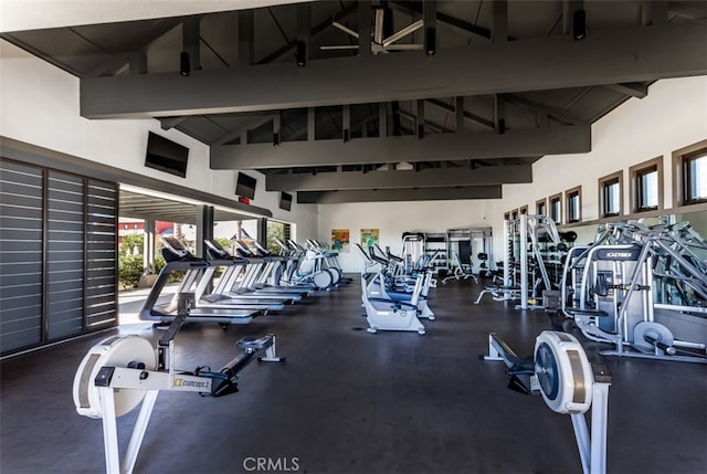 workout area featuring high vaulted ceiling