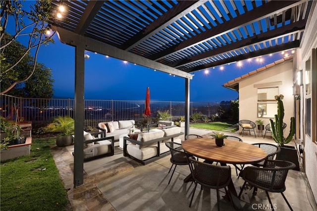 patio at twilight featuring a fenced backyard, a pergola, an outdoor living space, and outdoor dining space