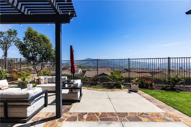 view of patio / terrace featuring a fenced backyard, outdoor lounge area, and a pergola