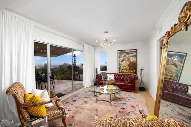 675 Mount Wilson Trl, Sierra Madre, CA 91024 - living room with wood finished floors, a chandelier, and ornamental molding