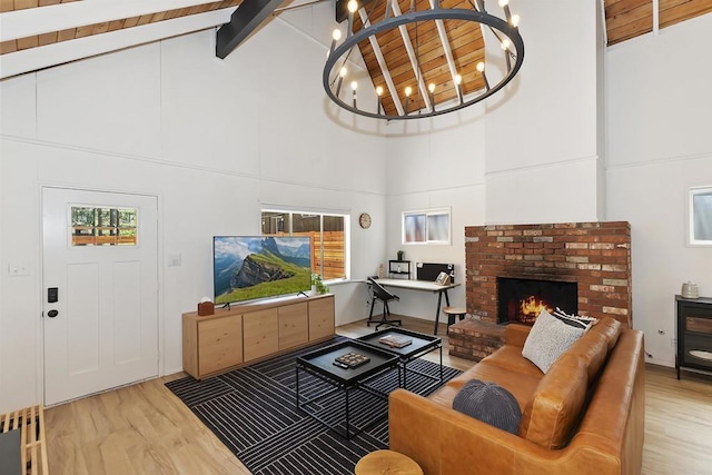 331 W Sherwood Blvd, Big Bear City, CA 92314 - living area with high vaulted ceiling, a chandelier, a fireplace, wood finished floors, and beamed ceiling