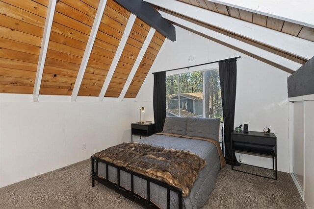 331 W Sherwood Blvd, Big Bear City, CA 92314 - bedroom with lofted ceiling with beams, carpet floors, and wood ceiling