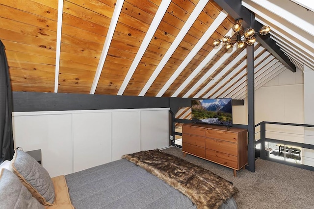 331 W Sherwood Blvd, Big Bear City, CA 92314 - bedroom featuring lofted ceiling with beams, wooden ceiling, carpet, and a chandelier
