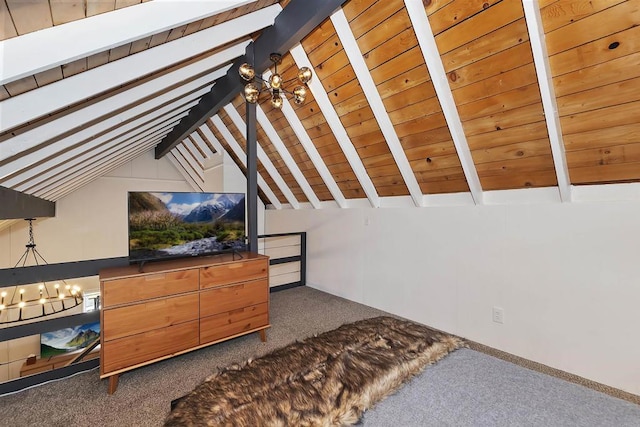 331 W Sherwood Blvd, Big Bear City, CA 92314 - bedroom with baseboards, dark carpet, vaulted ceiling with beams, an inviting chandelier, and wooden ceiling