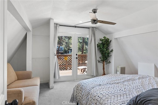 193 Riverside Ave, Sugarloaf, CA 92386 - bedroom with lofted ceiling, carpet, access to exterior, radiator heating unit, and a ceiling fan