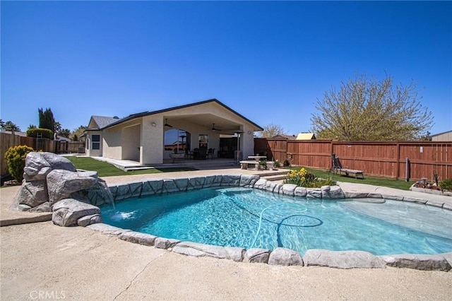 7469 Madera Ave, Hesperia, CA 92345 - view of pool featuring a fenced in pool, a patio, a fenced backyard, and ceiling fan